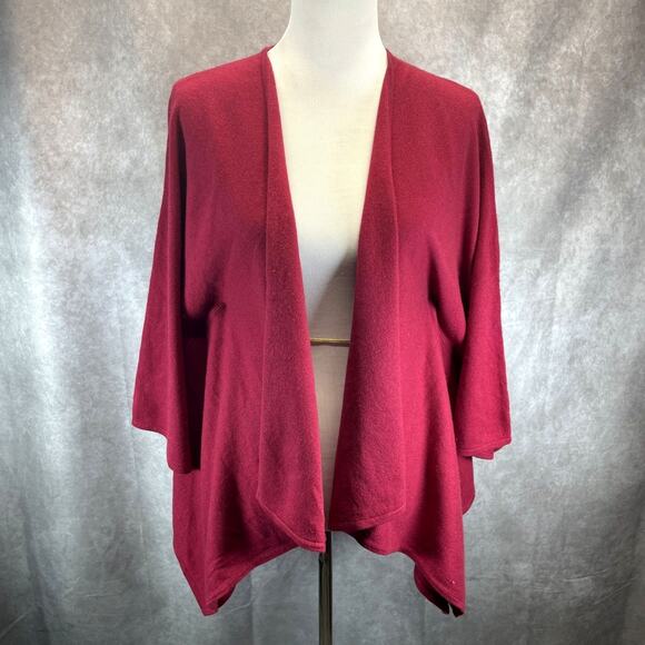 Red Envelope Ruby Red Silk Cashmere Knit Cape Sweater Kimono Sleeves Open Front - Picture 1 of 6
